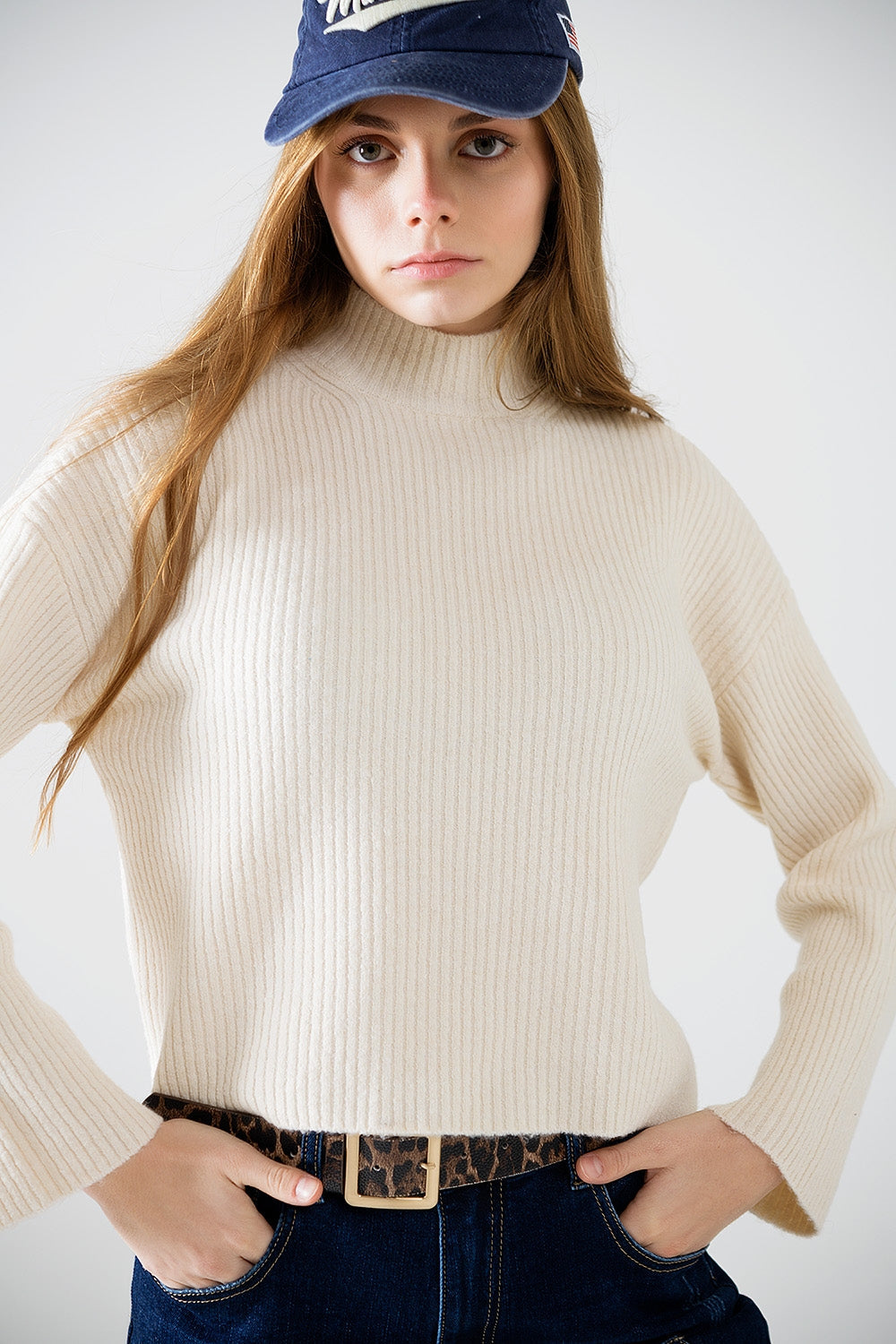 Relaxed Cream Ribbed High Neck Sweater: - monveluxe
